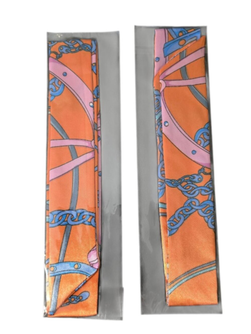 Orange with Blue Chain Print Twilly Scarf Purse Handle Wrap Hair Neck Ribbon
